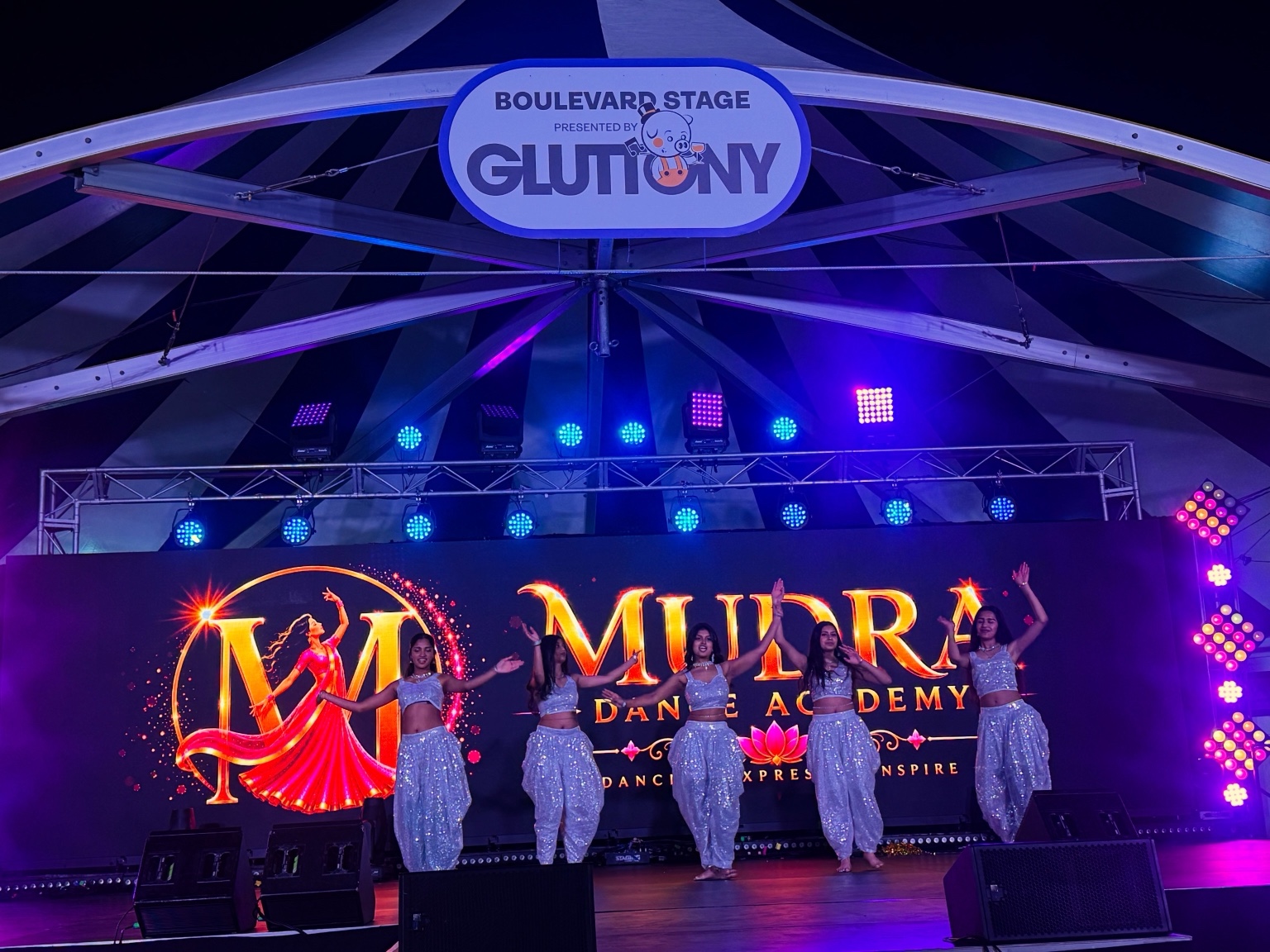 Mudra Dance Academy dancers in silver costumes performing at the Royal Adelaide Show